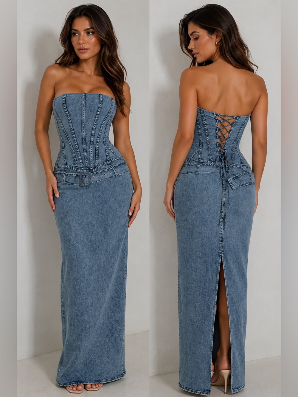 Denim Corset Maxi Dress – Size M - Light blue. Pre owned. Like new.